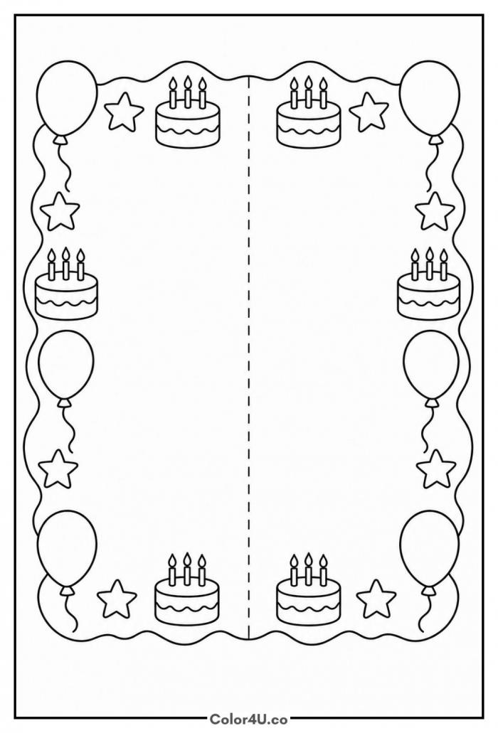 Foldable birthday card with a blank message panel, coloring page