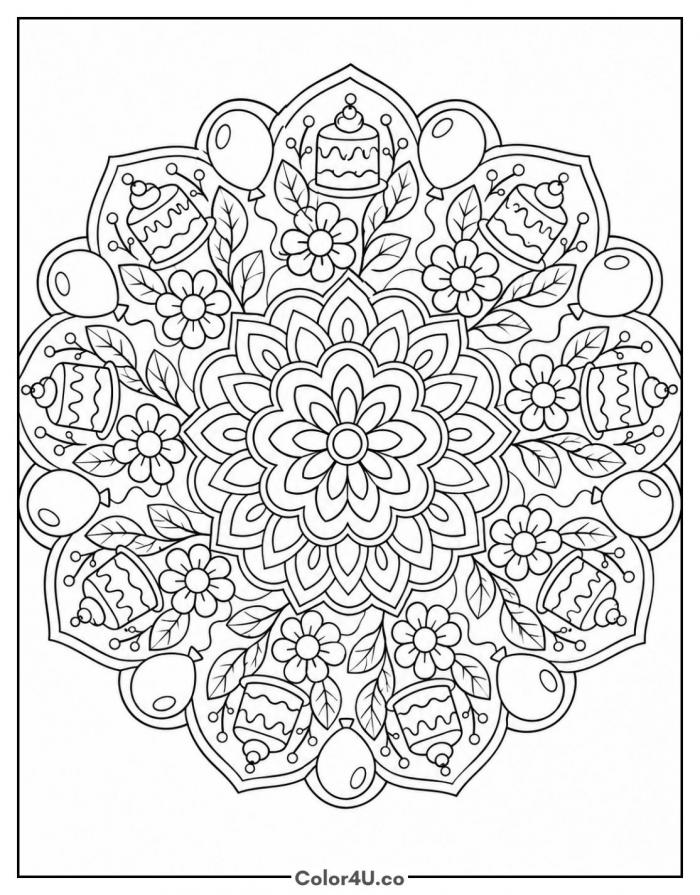 Birthday floral mandala with cakes and balloons, detailed coloring page