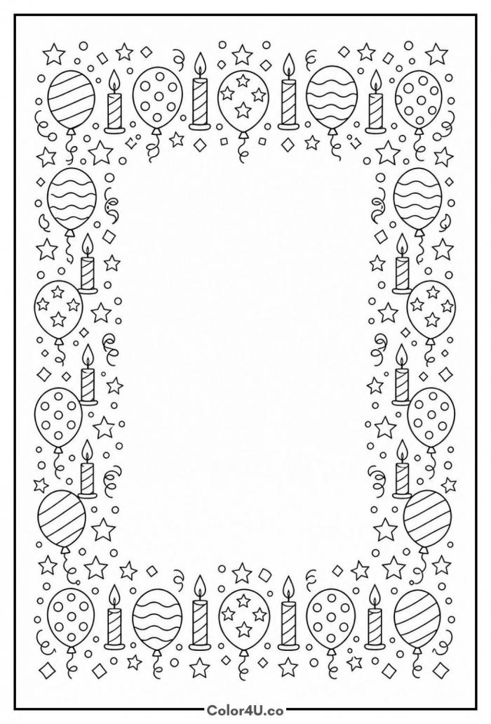 Patterned birthday frame with a blank centre, detailed coloring page