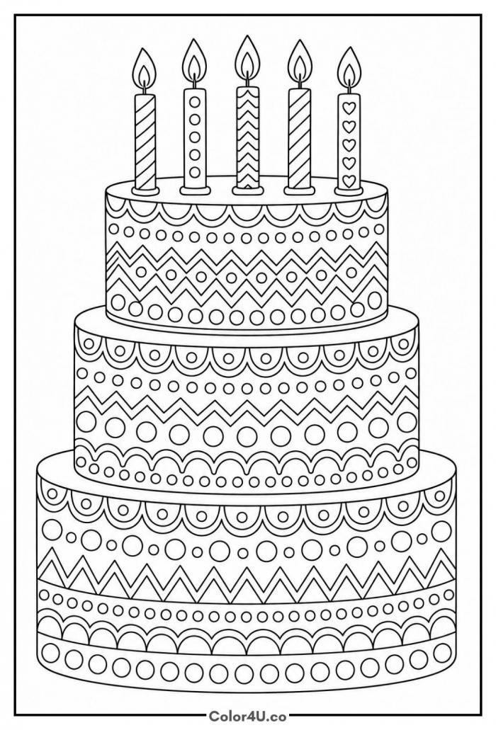 Zentangle birthday cake with patterned tiers, detailed coloring page