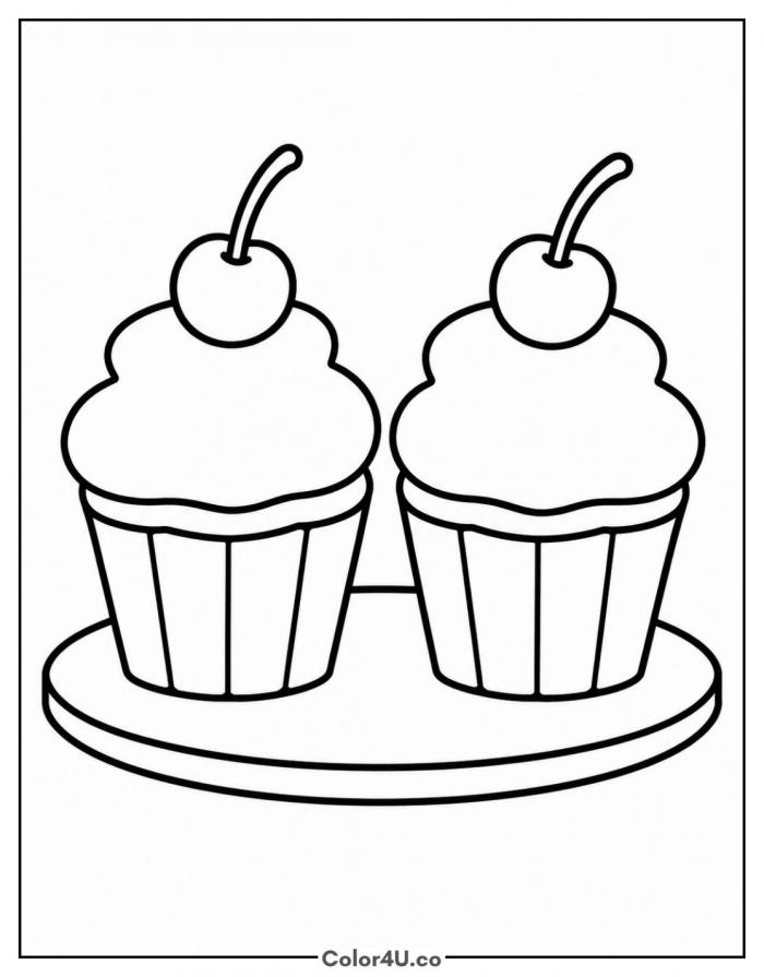 Two birthday cupcakes on a plate, easy coloring page