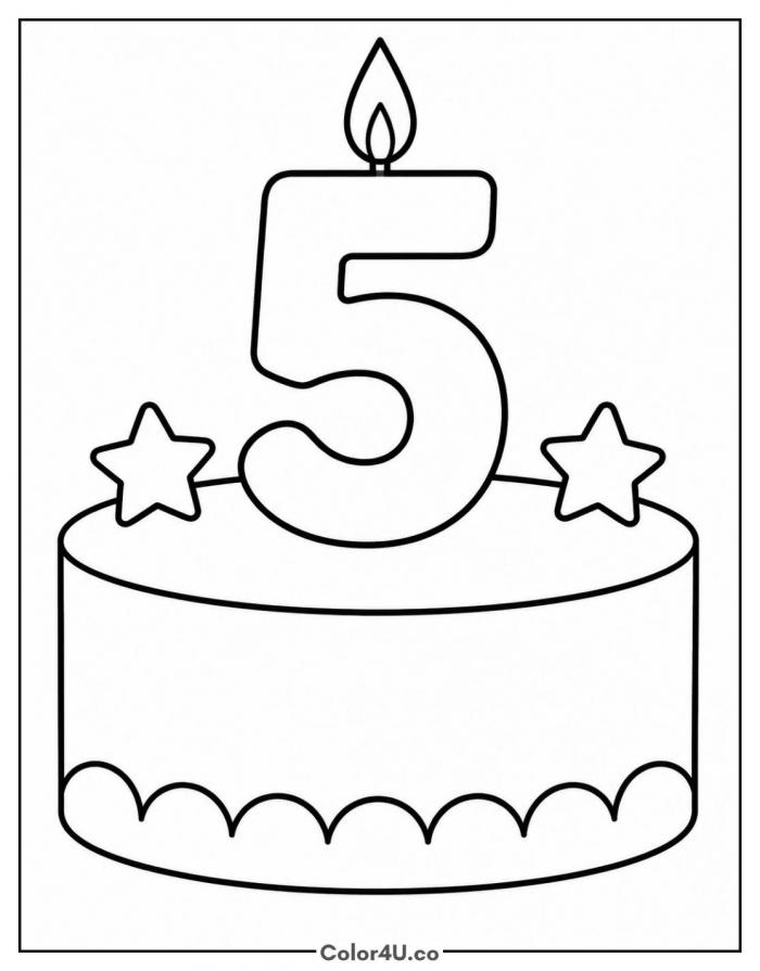 Fifth birthday cake with a number five candle, easy coloring page