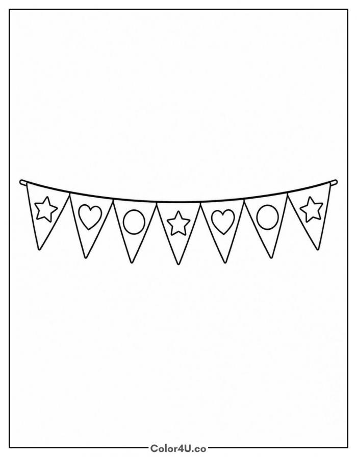 Row of birthday bunting flags with simple shapes, easy coloring page