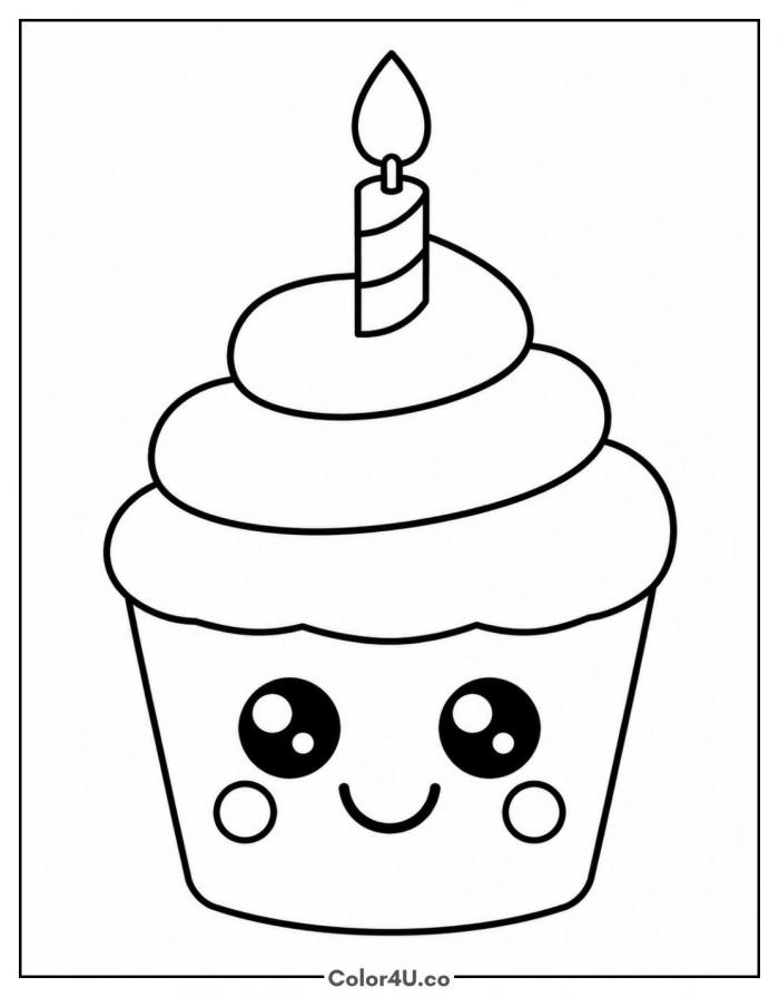 Smiling kawaii birthday cupcake with a candle, easy coloring page
