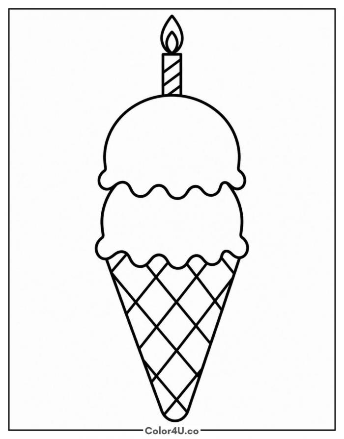 Ice cream cone with a birthday candle, easy coloring page