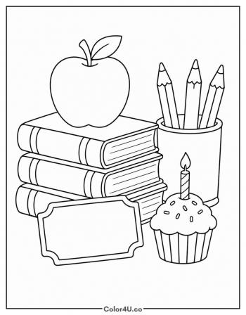 Happy Birthday Teacher With An Apple And Cake coloring page