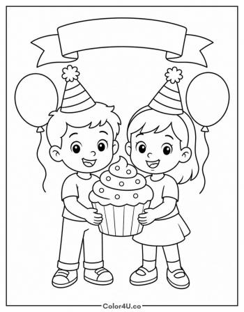 Two Friends Sharing A Birthday Cupcake coloring page