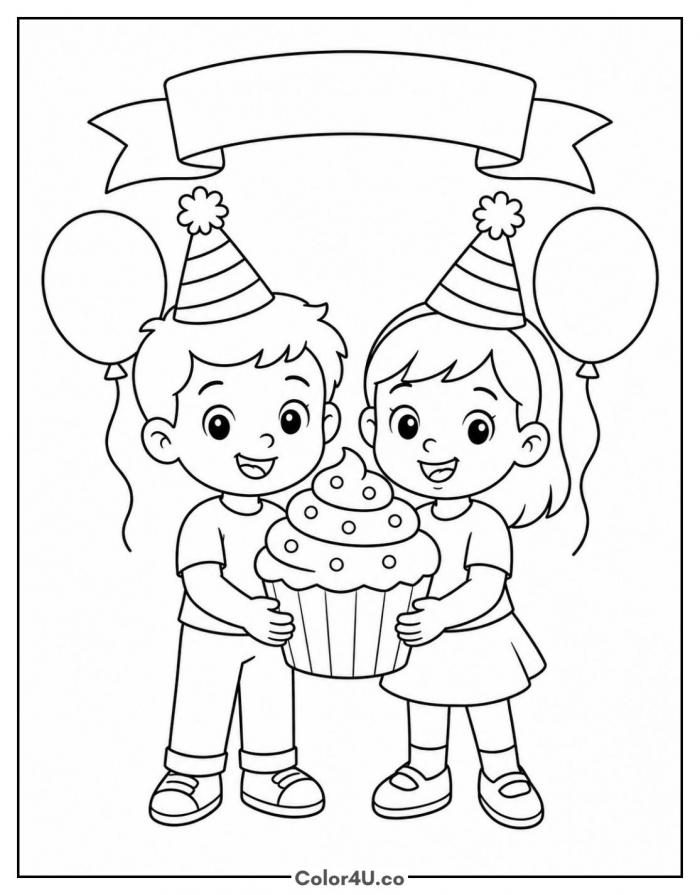 Two friends sharing a birthday cupcake, coloring page