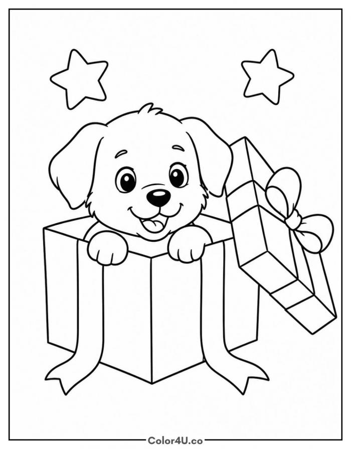 Puppy popping out of a birthday gift box, coloring page