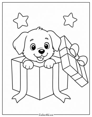 Puppy Popping Out Of A Gift Box coloring page