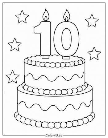 Tenth Birthday Cake With Stars coloring page