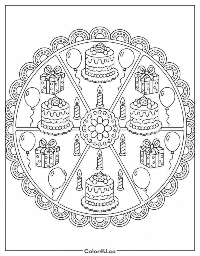 Birthday mandala with cakes, balloons and gifts, detailed coloring page