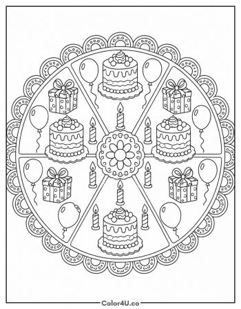 Birthday Mandala With Cakes And Balloons coloring page