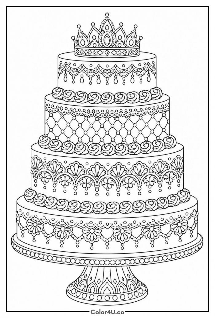 Ornate four tier cake with lace patterns, detailed coloring page