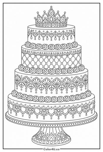 Ornate Tiered Cake With Lace Patterns coloring page