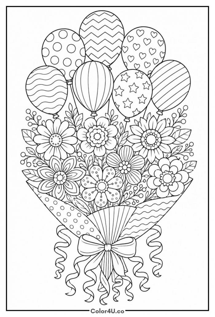 Birthday bouquet of balloons and patterned flowers, detailed coloring page