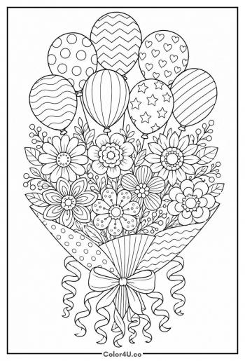 Birthday Bouquet Of Balloons And Flowers coloring page