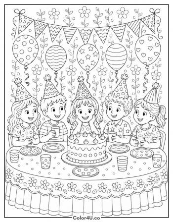 Detailed Birthday Party Scene coloring page