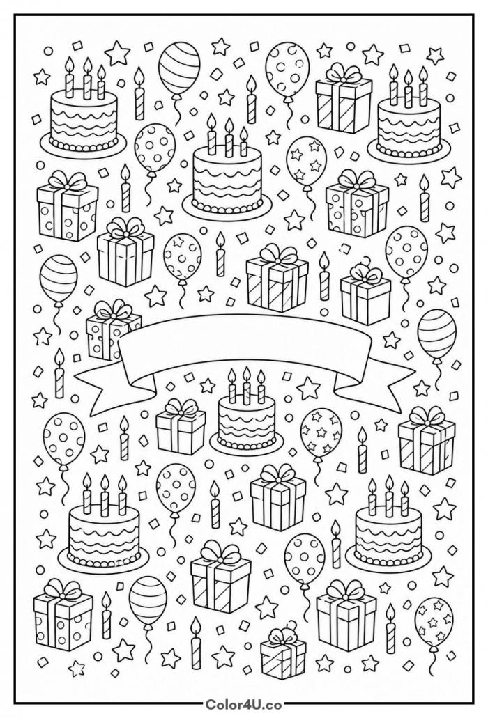 Birthday doodle page with cakes, balloons and a blank banner, detailed coloring page