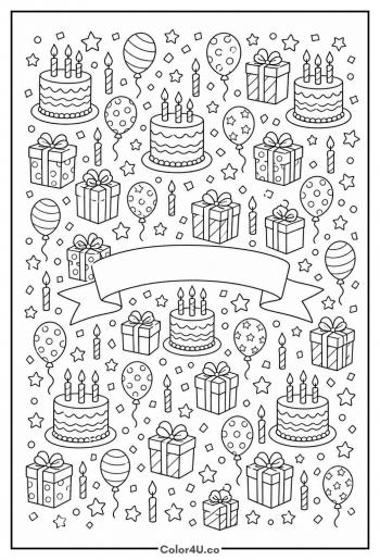 Birthday Doodle Page With A Blank Banner coloring page