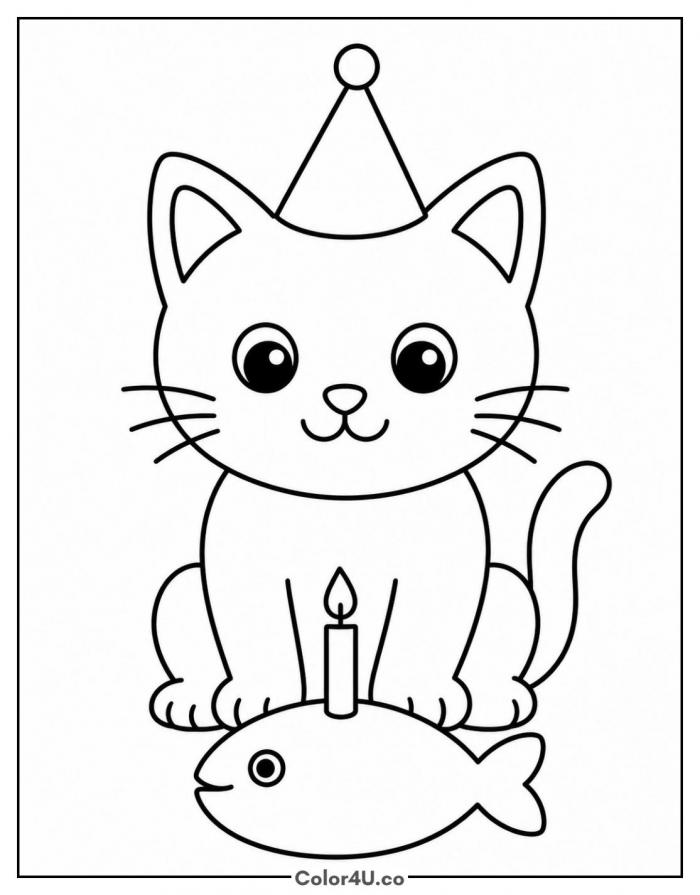 Cat with a fish shaped birthday cake, easy coloring page