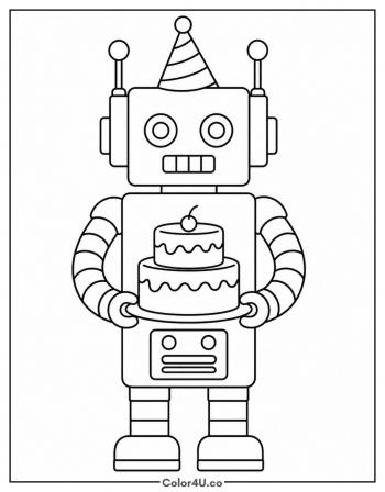 Birthday Robot Holding A Cake coloring page