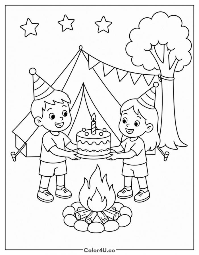 Birthday camping scene with a tent, campfire and cake, coloring page
