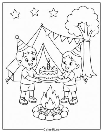 Birthday Camping Scene With A Cake coloring page