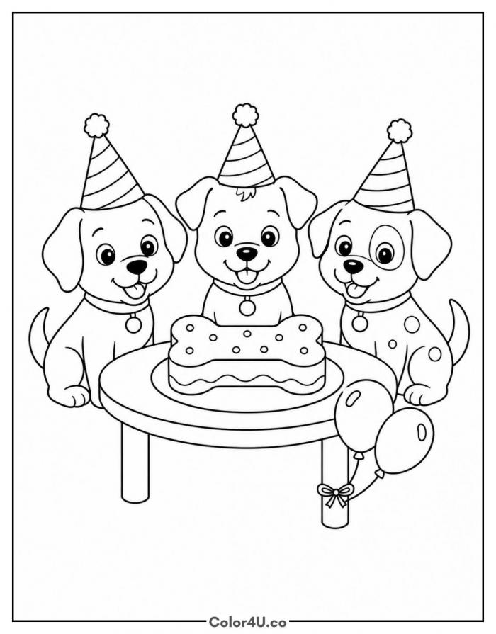 Three puppies at a dog birthday party with a bone shaped cake, coloring page
