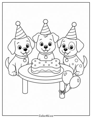 Dog Birthday Party With Three Puppies coloring page