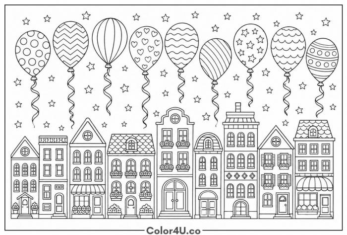 Birthday balloons rising over a patterned city skyline, detailed coloring page