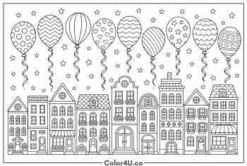 Birthday Balloons Over A City Skyline coloring page