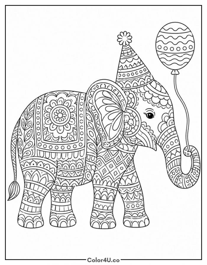 Zentangle elephant in a party hat holding a balloon, detailed coloring page