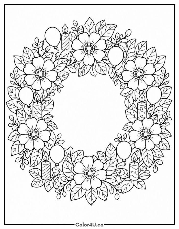 Birthday botanical wreath with flowers, candles and balloons, detailed coloring page