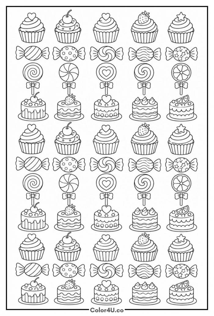 Birthday sweets repeating pattern with cupcakes and candies, detailed coloring page