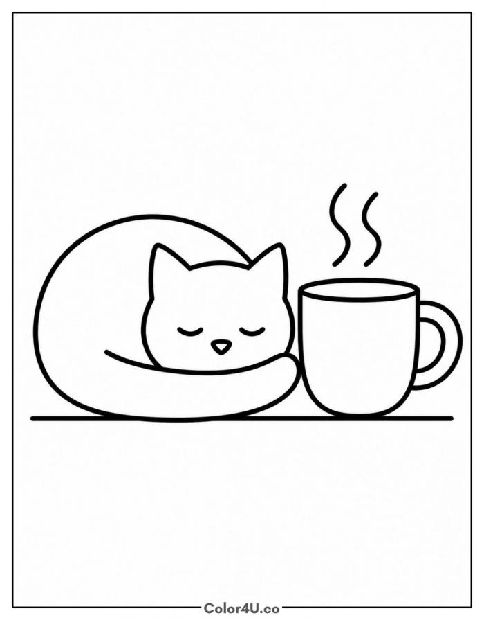 Sleeping cat curled beside a steaming mug of coffee coloring page