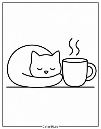 Sleeping Cat Beside A Coffee Cup coloring page