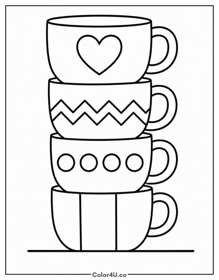 Stack of four patterned coffee mugs coloring page