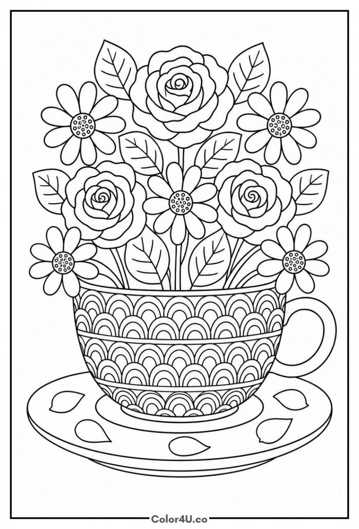 Coffee cup filled with roses and daisies coloring page
