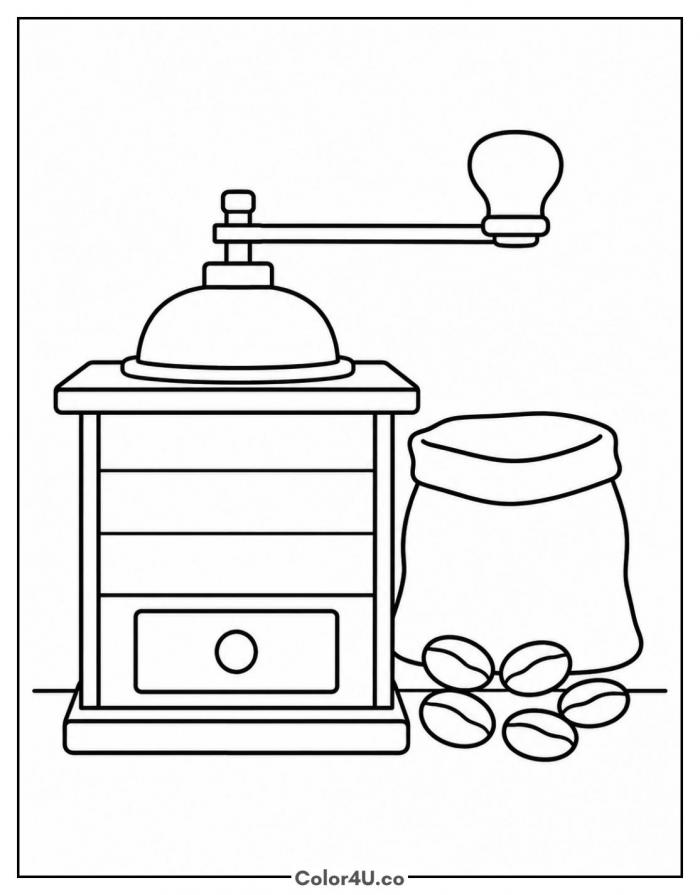 Wooden hand coffee grinder with a crank and scattered beans coloring page