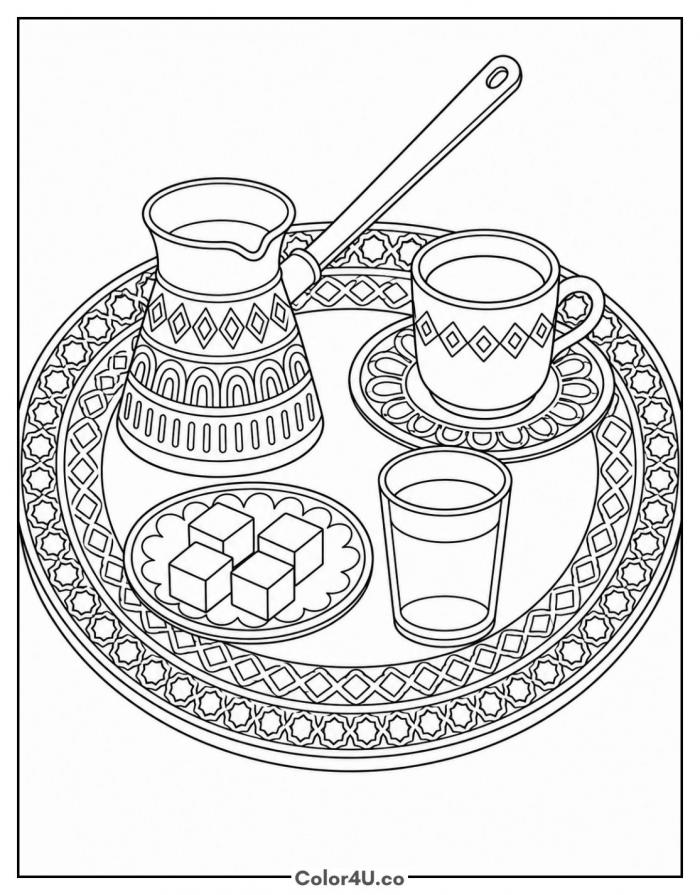 Turkish coffee cezve and cup on an engraved tray coloring page
