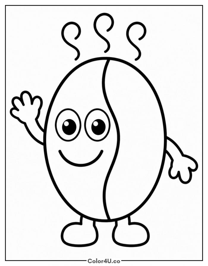 Happy cartoon coffee bean character waving, easy coffee coloring page