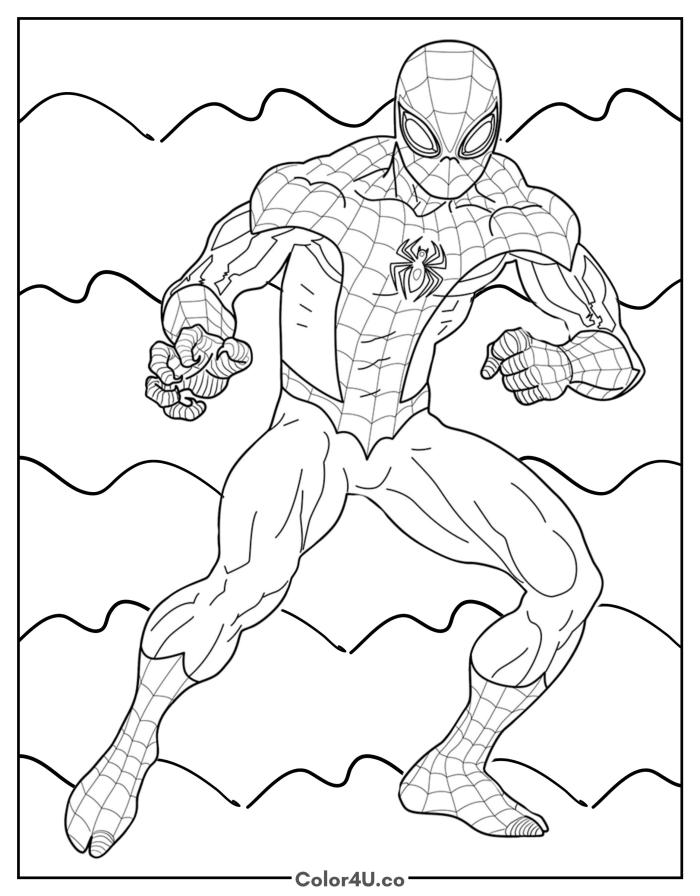 Spider-Man in a power stance with fists raised, detailed coloring page, free printable