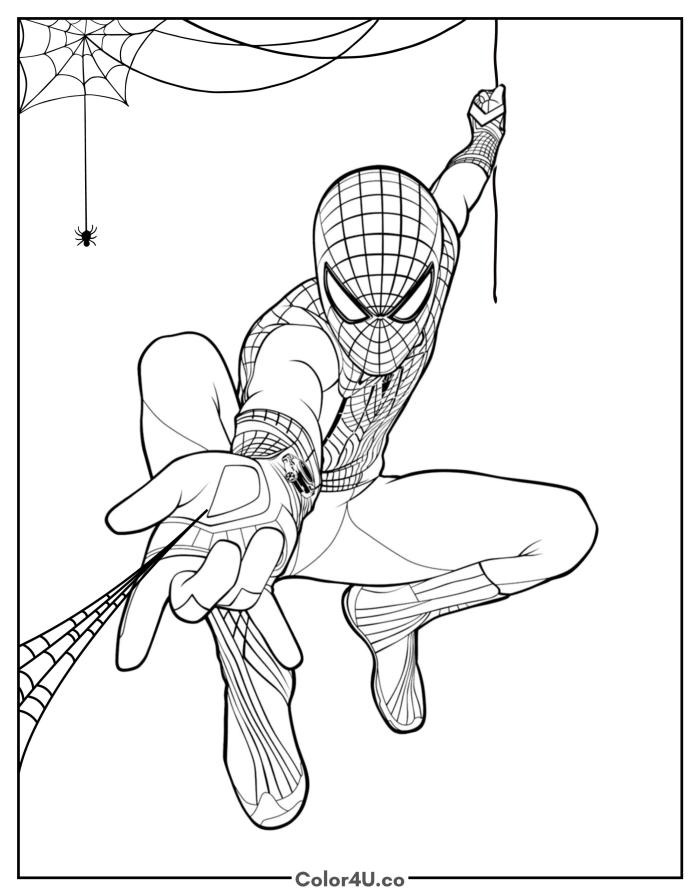 Spider-Man swinging with hand outstretched toward viewer, medium coloring page, free printable
