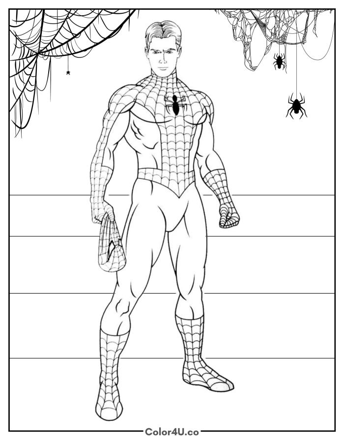 Peter Parker in Spider-Man suit holding his mask, detailed coloring page, free printable