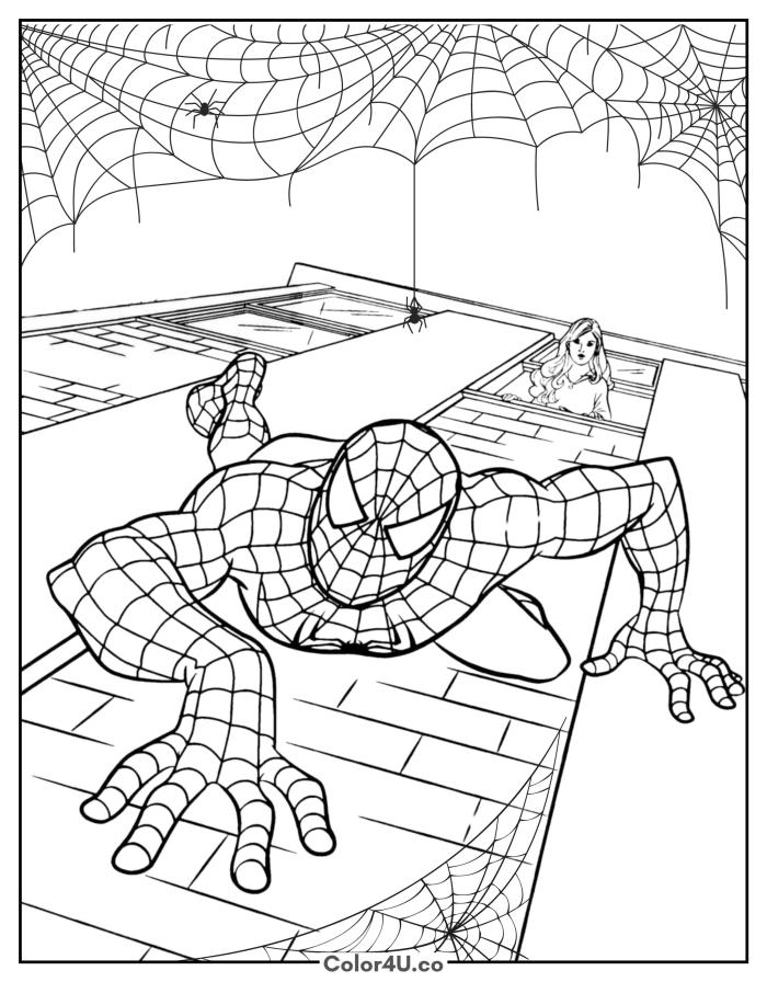 Spider-Man crawling on the ceiling of a building, detailed coloring page, free printable
