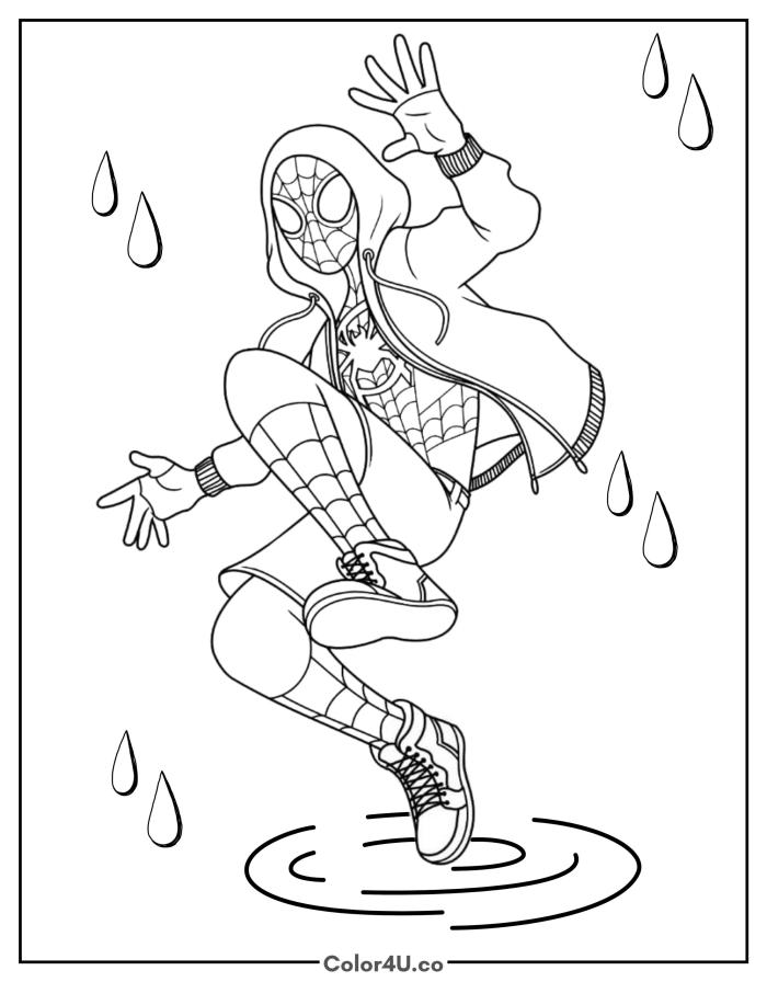 Spider-Man in a hoodie jumping through rain with sneakers, medium coloring page, free printable