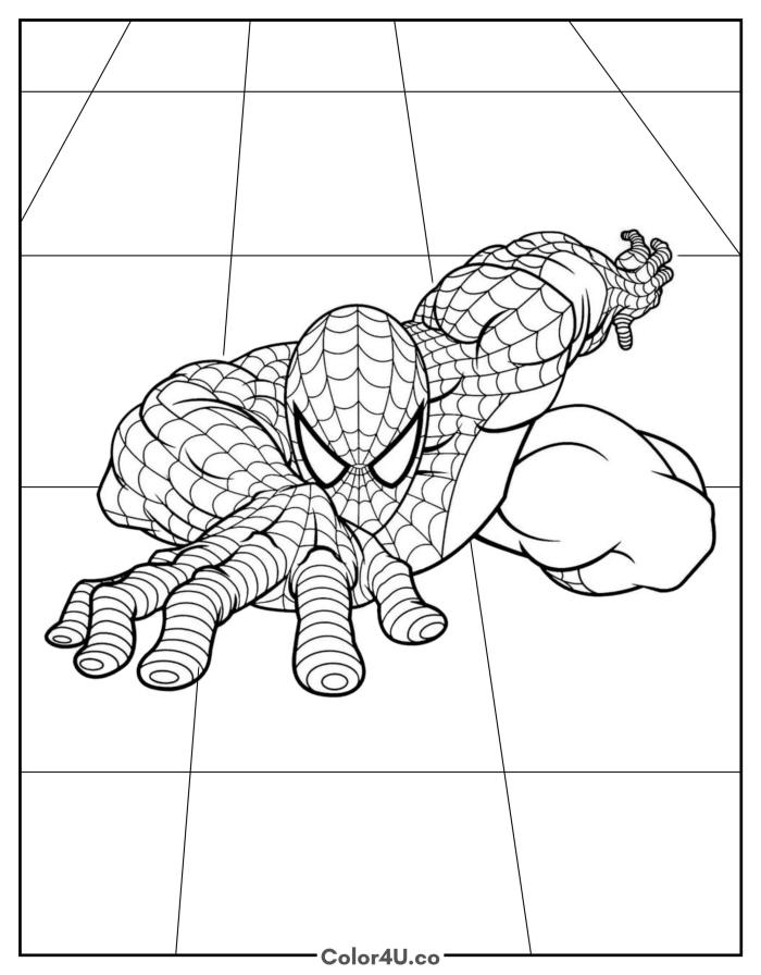 Spider-Man sprinting across a grid floor, detailed coloring page, free printable