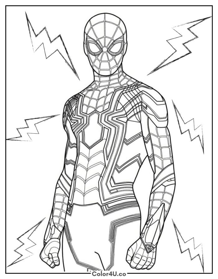 Spider-Man in a tech Iron Spider suit with lightning bolts, detailed coloring page, free printable