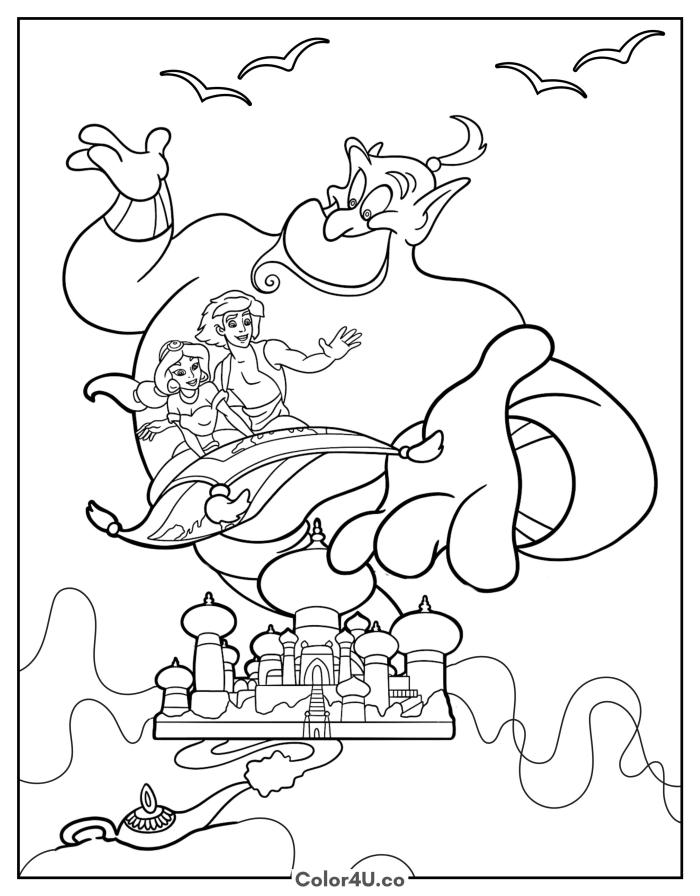 Genie, Aladdin and Jasmine on the magic carpet over Agrabah, detailed Disney coloring page, free printable
